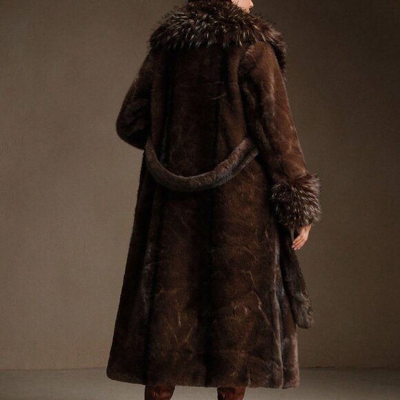 Brown elegantWomen's Two-Tone Faux Fur Collar Thick teddy belted Jacket - Picture 2 of 10